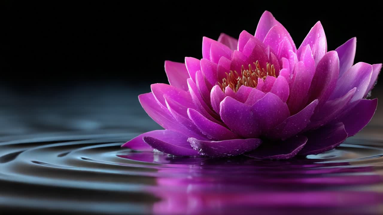 A Stunning Close-Up of a Beautiful Pink Water Lily Gracefully Floating on Tranquil Water with Ripples Reflecting Its Splendor Against a Dark Background