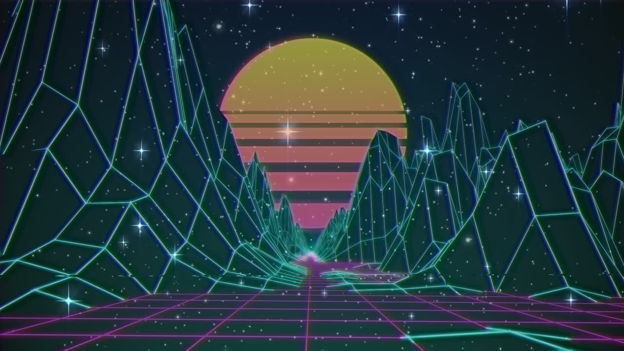 디지털 산과 태양 위의 별들의 애니메이션