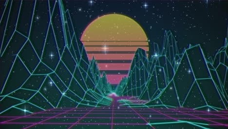 animación de estrellas sobre montañas digitales y sol