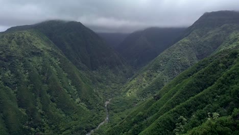 Bird's-eye-view-of-Waihee-Valley,-Maui,-Hawaii,-showcasing-lush-green-tropical-forests-and-dramatic-steep-mountains