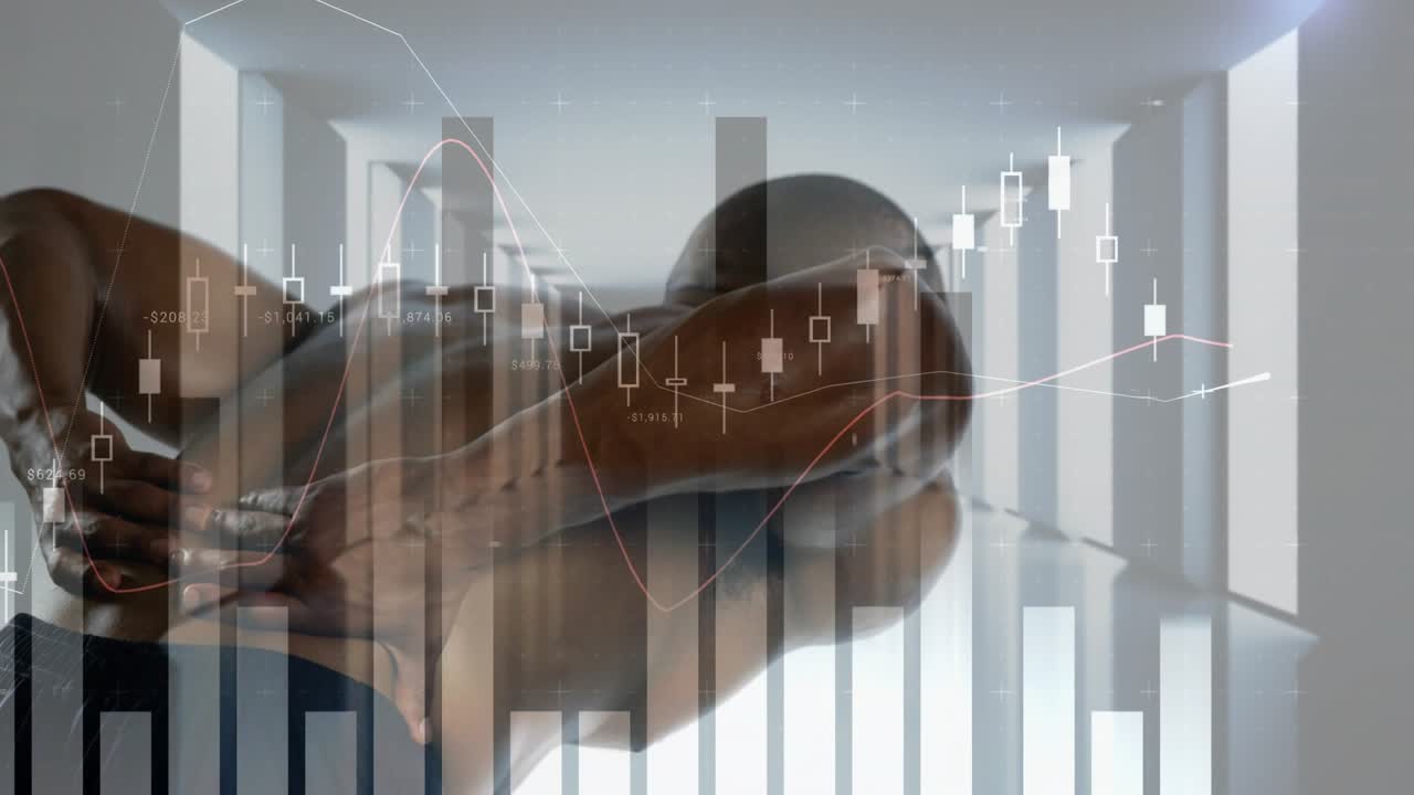 Male athlete rotating and clasping waist in corridor, making bars and candles animating for finance