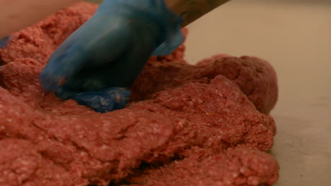 close up of raw beef mince prep for handmade burgers with hygiene safe food gloves