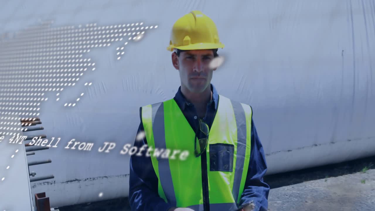 Tecnico sul campo che tocca un tablet, ispezionando i tubi del serbatoio per la sicurezza dell'impianto mentre una mappa e un overlay di codice oscurano [la vista].