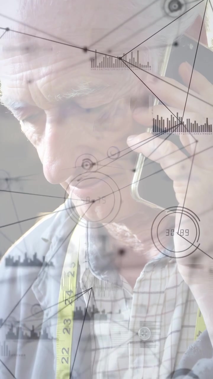 Vertical video: Senior man lifting phone to ear, making tailoring call with tape while HUD hovering