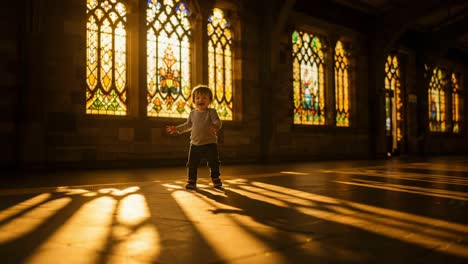a child's joyful dance in a sunlit hall with stained glass windows captured in two moments of delight and innocence