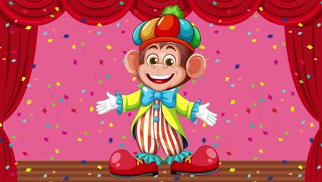 a vibrant animation of a clown monkey performing on a pink stage with confetti and red curtains