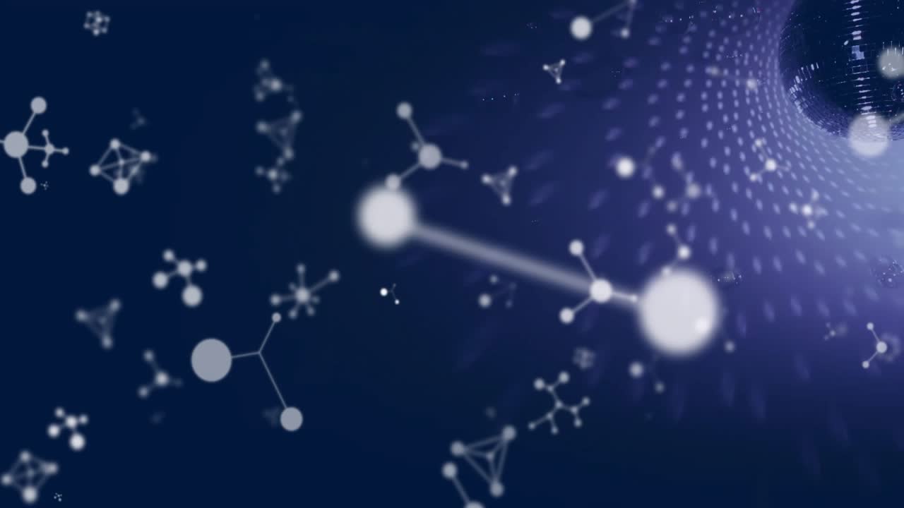 Un campo blu rivela cluster molecolari in movimento che formano un tunnel puntinato verso una sfera che mostra una rete.