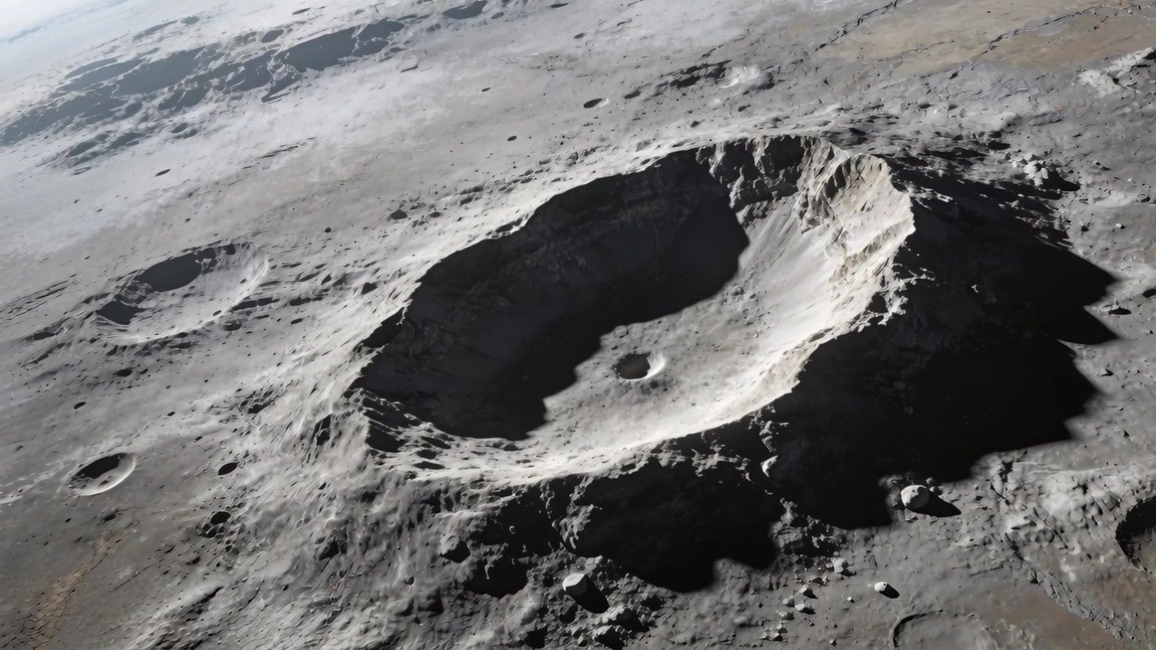 Veicolo spaziale in orbita che effettua una scansione su un cratere lunare, mostrando una fossa centrale e massi per la mappatura.