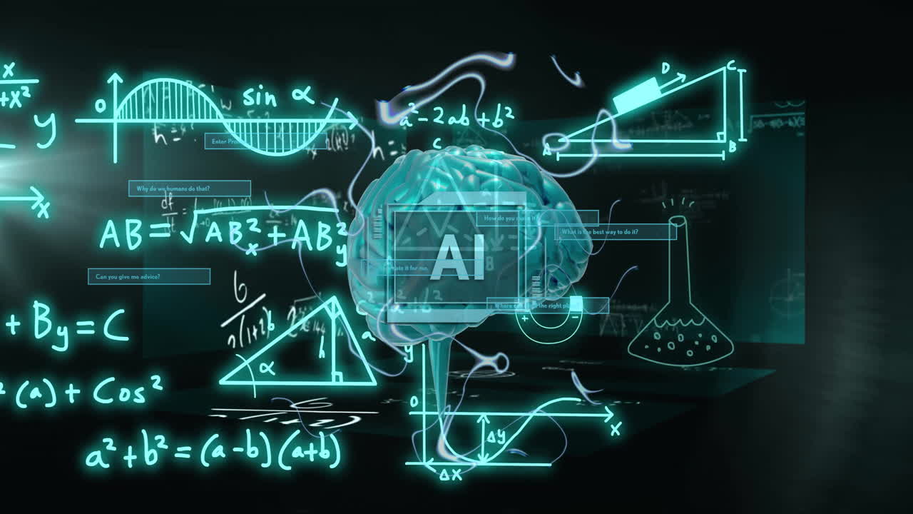 AI text over brain and mathematical formulas, scientific data processing animation