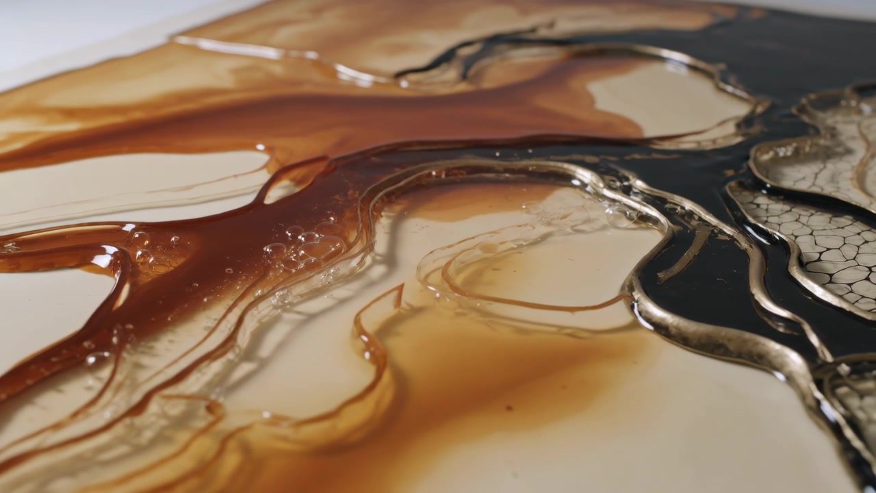 Spreading glossy flow across cream panel after black pool forming upper-right, forming brown tones