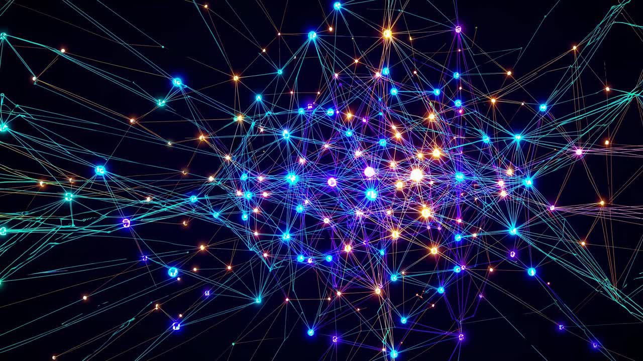 Top-down view of a digital network with glowing nodes and lines, resembling a neural network