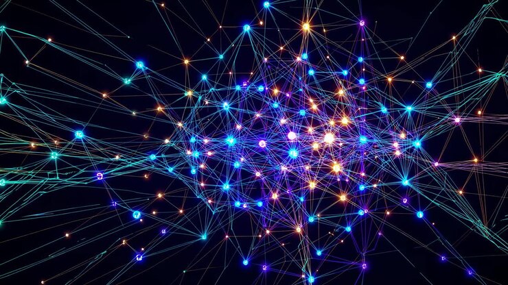 Top-down view of a digital network with glowing nodes and lines, resembling a neural network