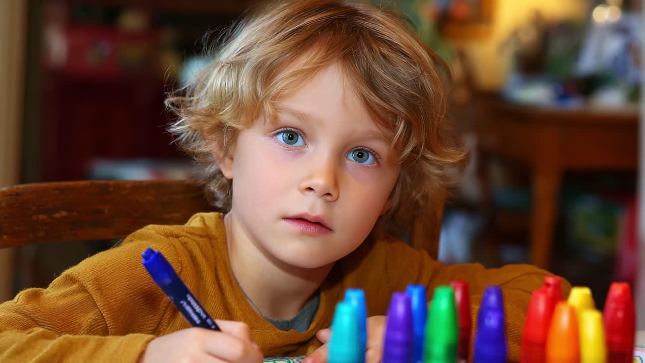 Esplorazione creativa: bambino intento a creare arte colorata con pennarelli a un tavolo, che mostra concentrazione e immaginazione in un ambiente accogliente