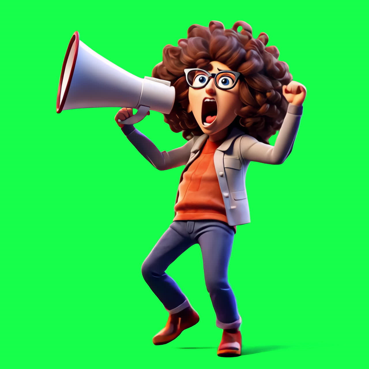Animated character shouting enthusiastically animation isolated asset, transparent 4K video, alpha