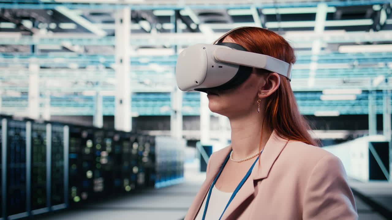 Woman Using VR Headset and Controller in Futuristic Data Center