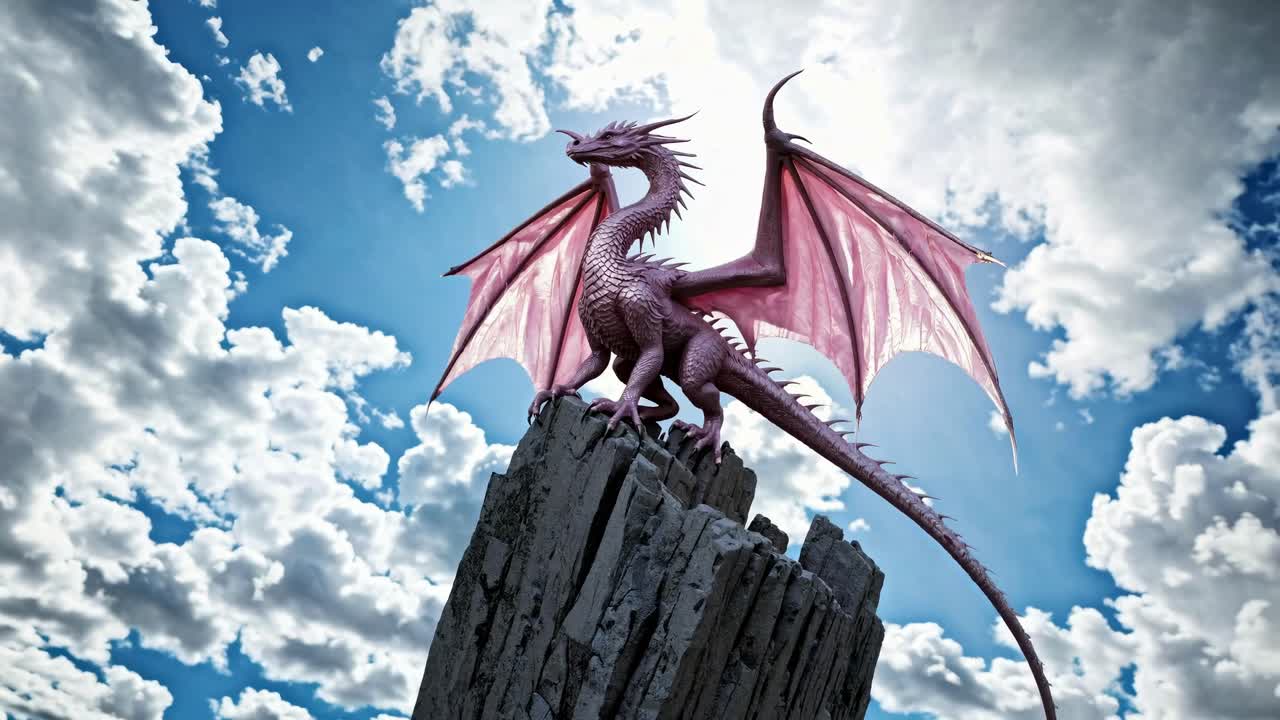 Un dragon majestueux perché sur un pic rocheux avec un ciel nuageux, capturé en contre-plongée