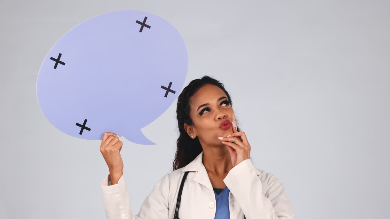 Happy doctor, thinking and speech bubble