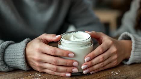 woman with well-groomed nails is gently holding a jar of cream, showcasing its soft texture. the wooden table adds warmth to the cozy indoor environment, enhancing the skincare experience