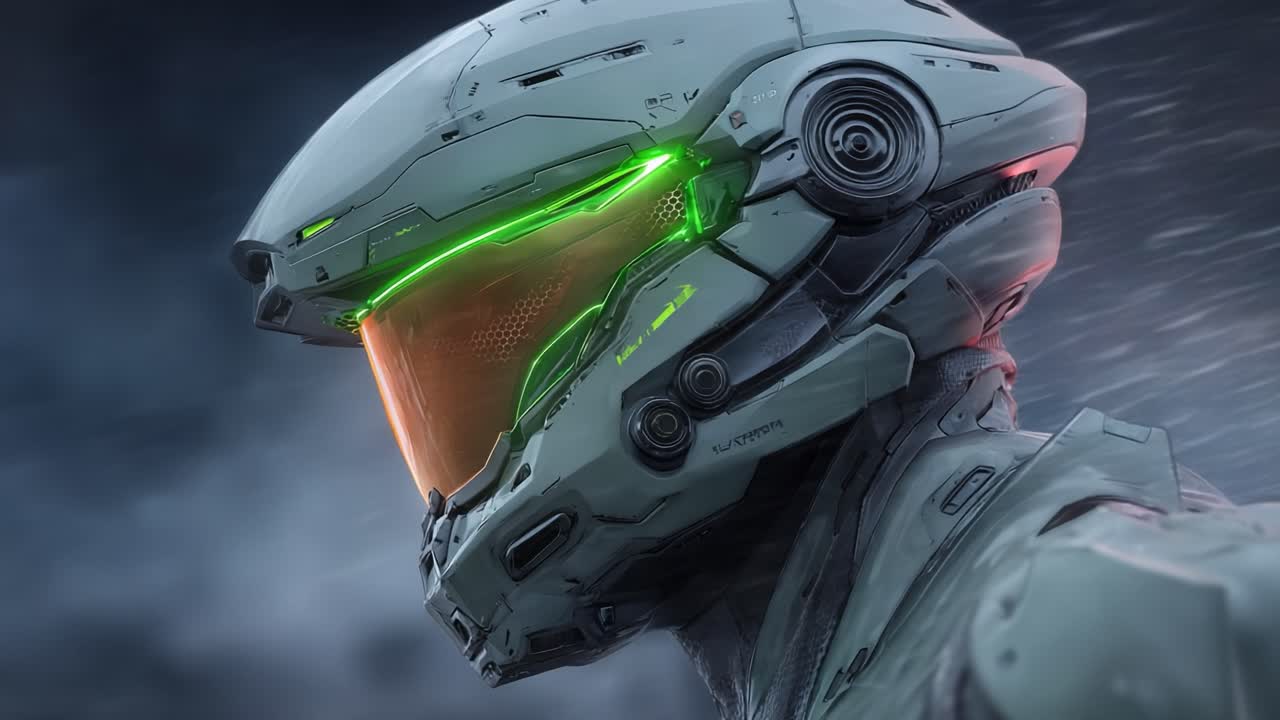 Futuristic Cybernetic Warrior with Glowing Helmet in Dramatic Stormy Background Captured from Two Stunning Frames of a Sci-Fi Video