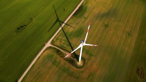 drone shot of the wind turbine working and generating green electric energy on a green field on a sunny day, use of renewable resources of energy, top down shot, 4k