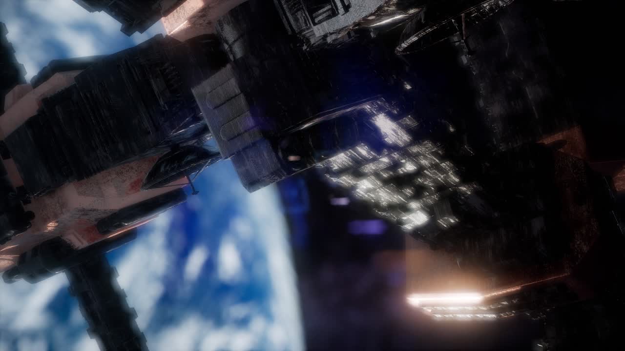 지구와 우주선의 모습. iss는 지구를 공전하고 있습니다.