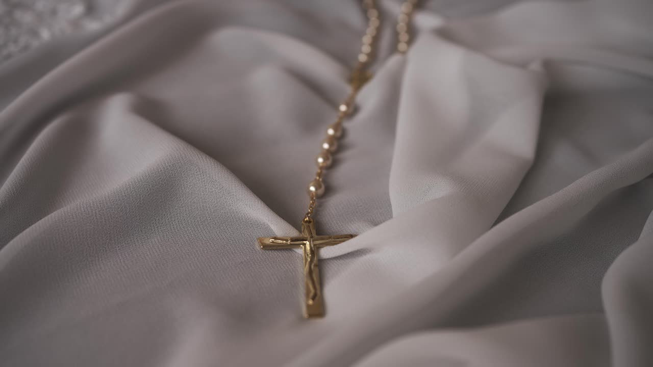 golden crucifix rosary resting on delicate white fabric close up