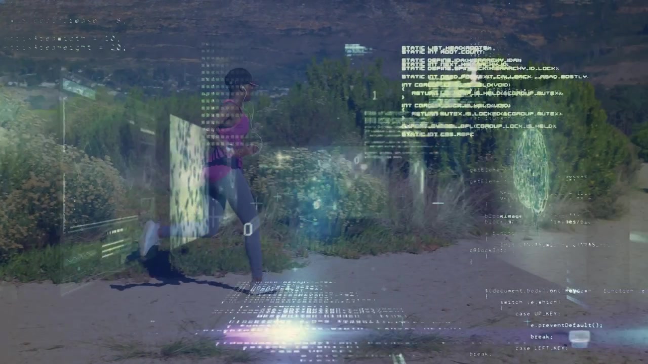 Animation of binary coding and data processing over african american woman running