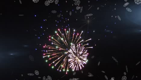múltiples iconos de copos de nieve flotando y fuegos artificiales explotando contra un fondo negro