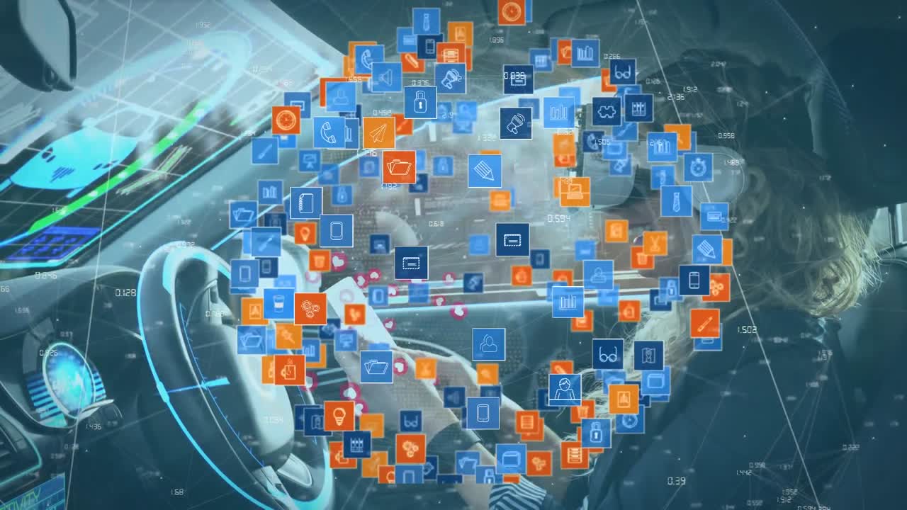 animación de iconos de visualización de información con una mujer en auriculares vr usando un teléfono inteligente en un coche de conducción autónoma