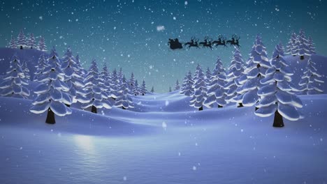 Animation-of-snow-falling-over-santa-claus-in-sleigh-with-reindeer-and-winter-landscape