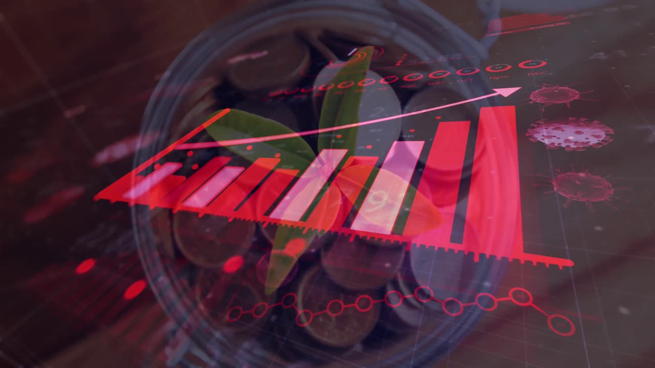 y una gráfica de las bacterias del coronavirus volando sobre los frascos de flores.