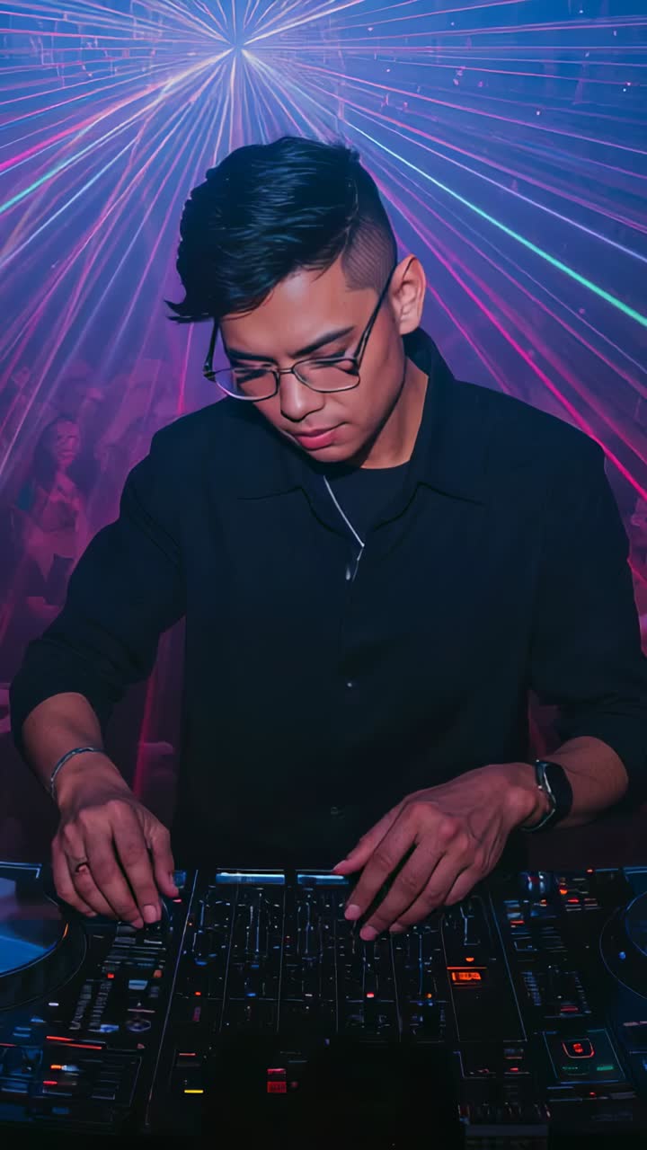 Vertical video: Mixing DJ tweaking knobs and faders at club, earbud appearing monitoring next track
