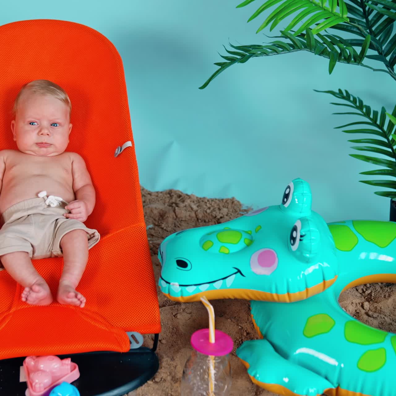 Tiny infant blond boy wearing shorts lies in the orange baby chair. Little kid on a beach vacation