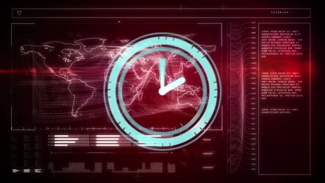 Animation-of-clock-moving-over-data-on-red-background