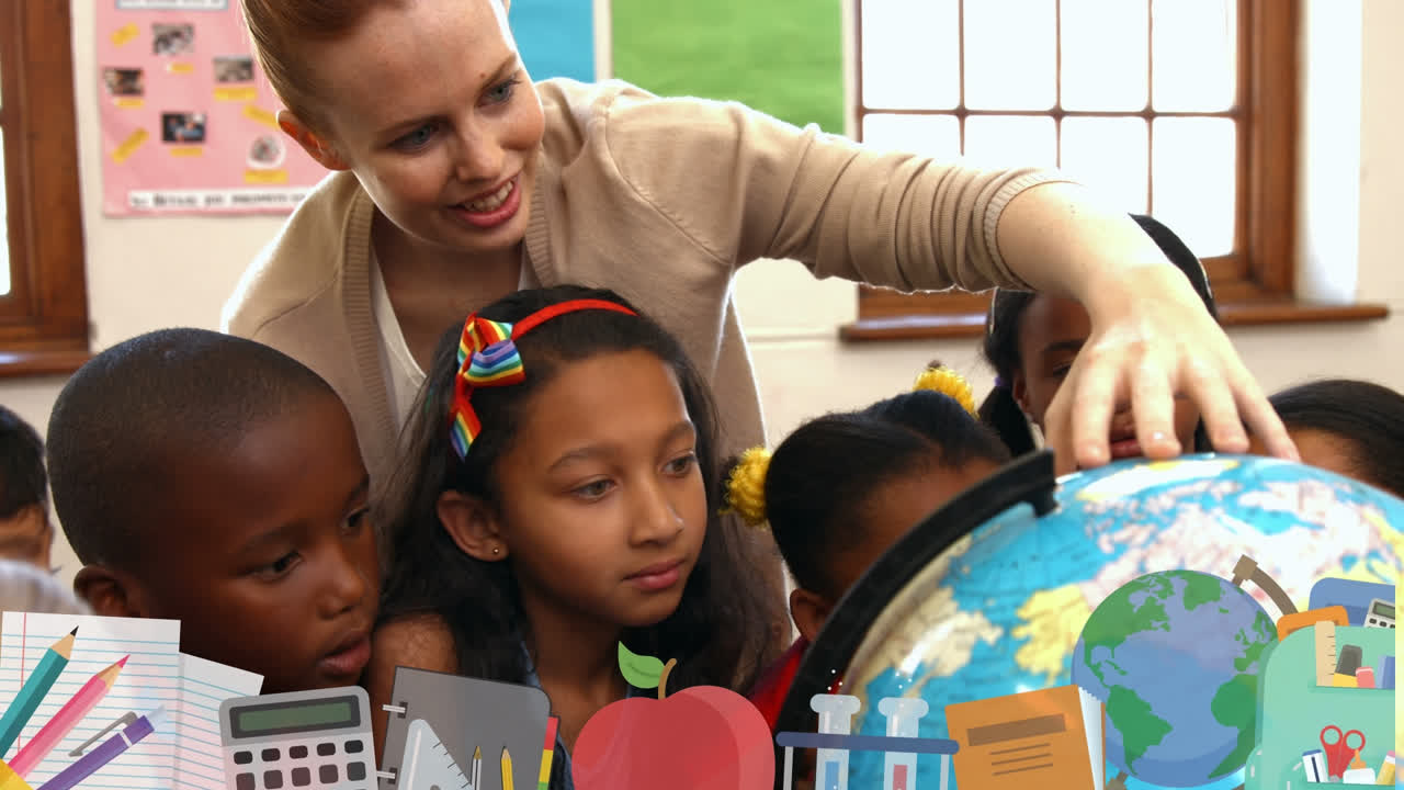 animación de suministros escolares que caen sobre diversos escolares en clase en la escuela