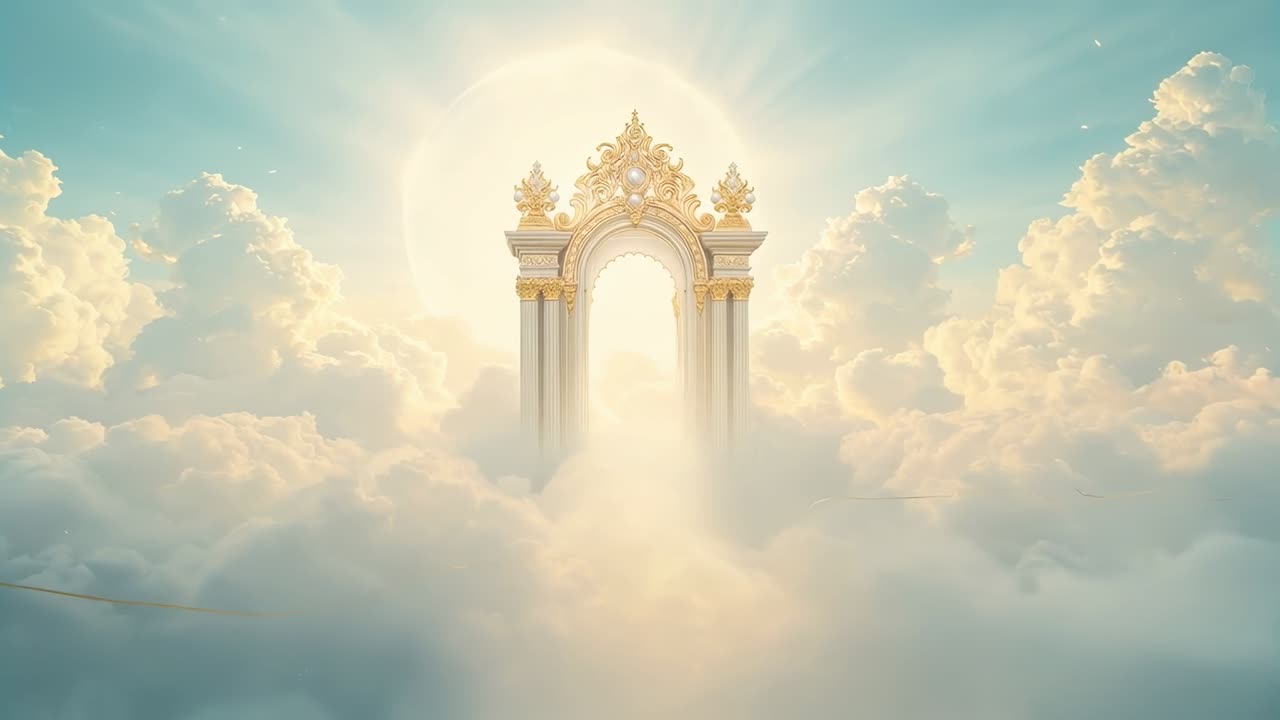 Revealing golden archway emerging as clouds thin, columns, pearl, sun halo glowing above clouds