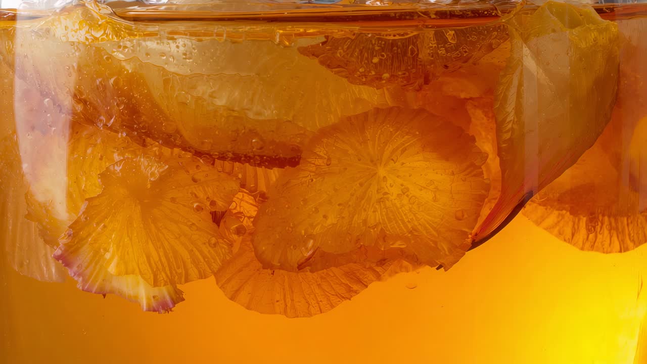 Sottili fette di agrumi color ambra che galleggiano vicino al bordo del contenitore, con bolle che si formano e le sollevano