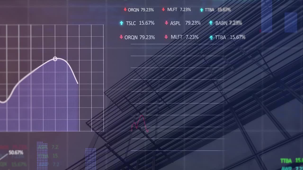 animación del procesamiento de datos estadísticos y del mercado de valores frente a una vista de ángulo bajo de un edificio alto