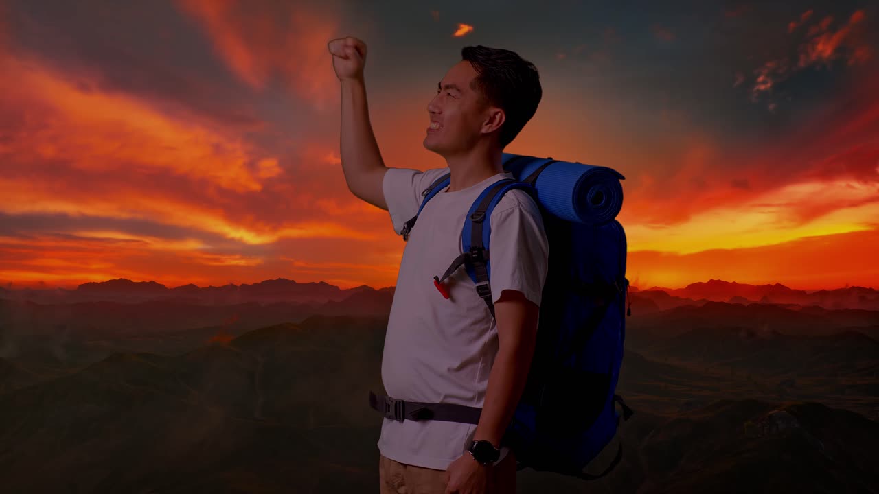 senderista feliz al amanecer o al atardecer