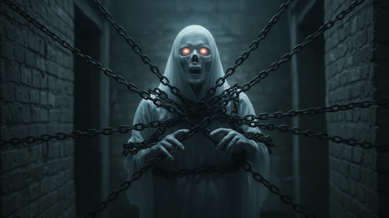 A Haunting Specter Enshrouded in Chains: The Eerie Presence of a Ghostly Figure with Glowing Eyes Captured in a Dark, Enclosed Space