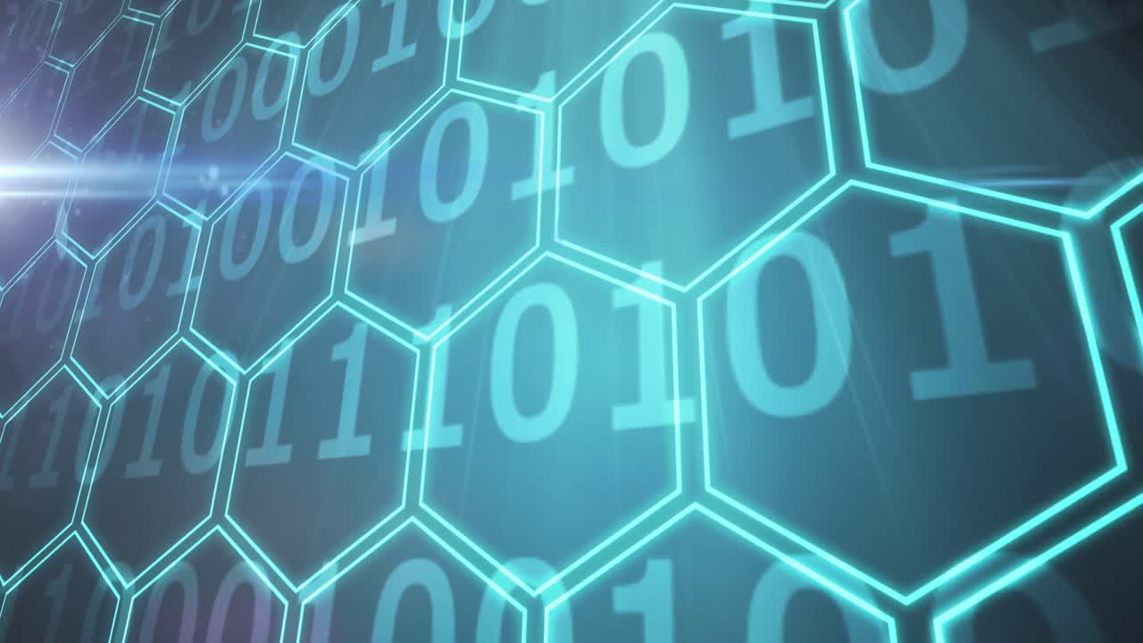 animación de formas y codificación binaria en fondo azul