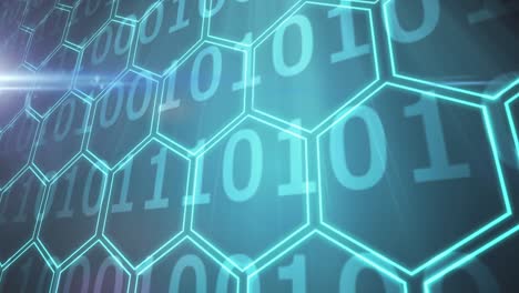 Animation of shapes and binary coding on blue background