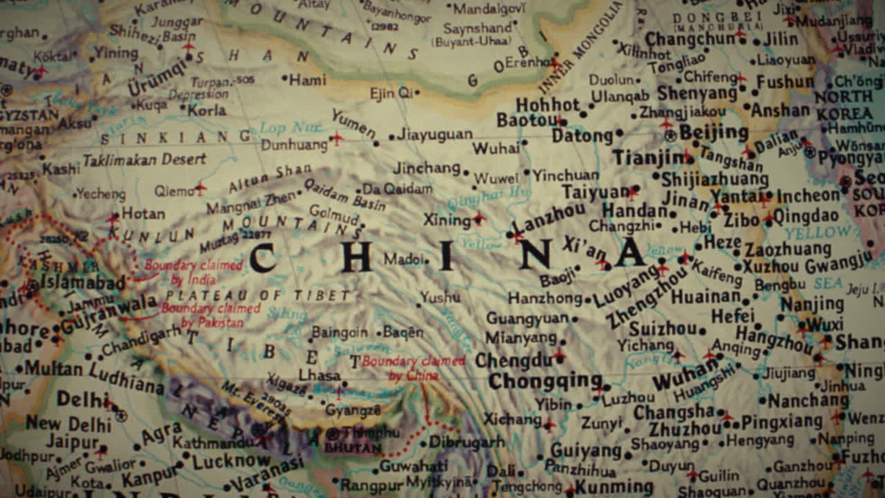Close-up view of a geographical map focusing on China and surrounding Asian countries