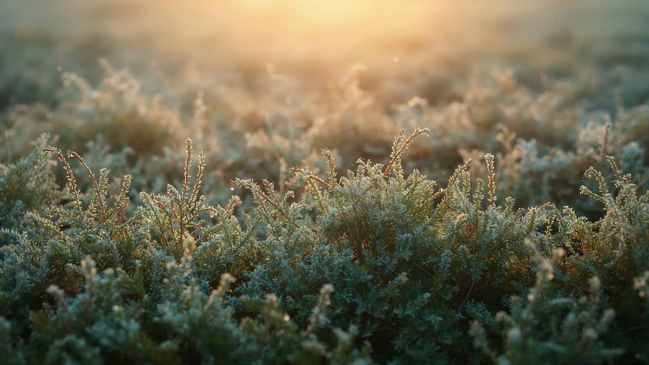Rising sun lighting frosty shrubs in field and seeds glowing while camera moving closer warming hue