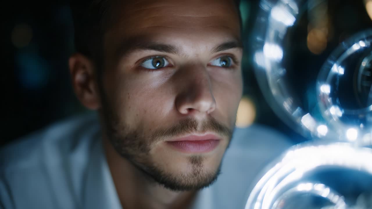 A Close-Up Exploration of Human Emotions and Curiosity: Captivating Expressions Amidst Ambient Light and Shadows in a Thought-Provoking Setting