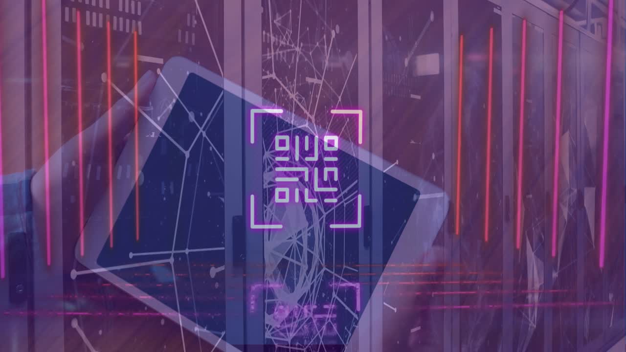 Animation af databehandling og digitale ikoner over bil