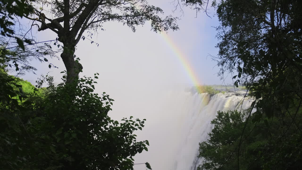 imágenes estáticas de un arco iris que está saliendo de la niebla de una cascada