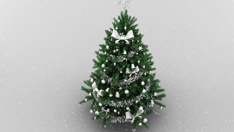 Animation-of-snow-falling-over-christmas-tree-on-white-background