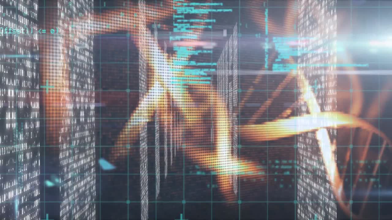 animación de cadenas de adn girando y procesamiento de datos médicos