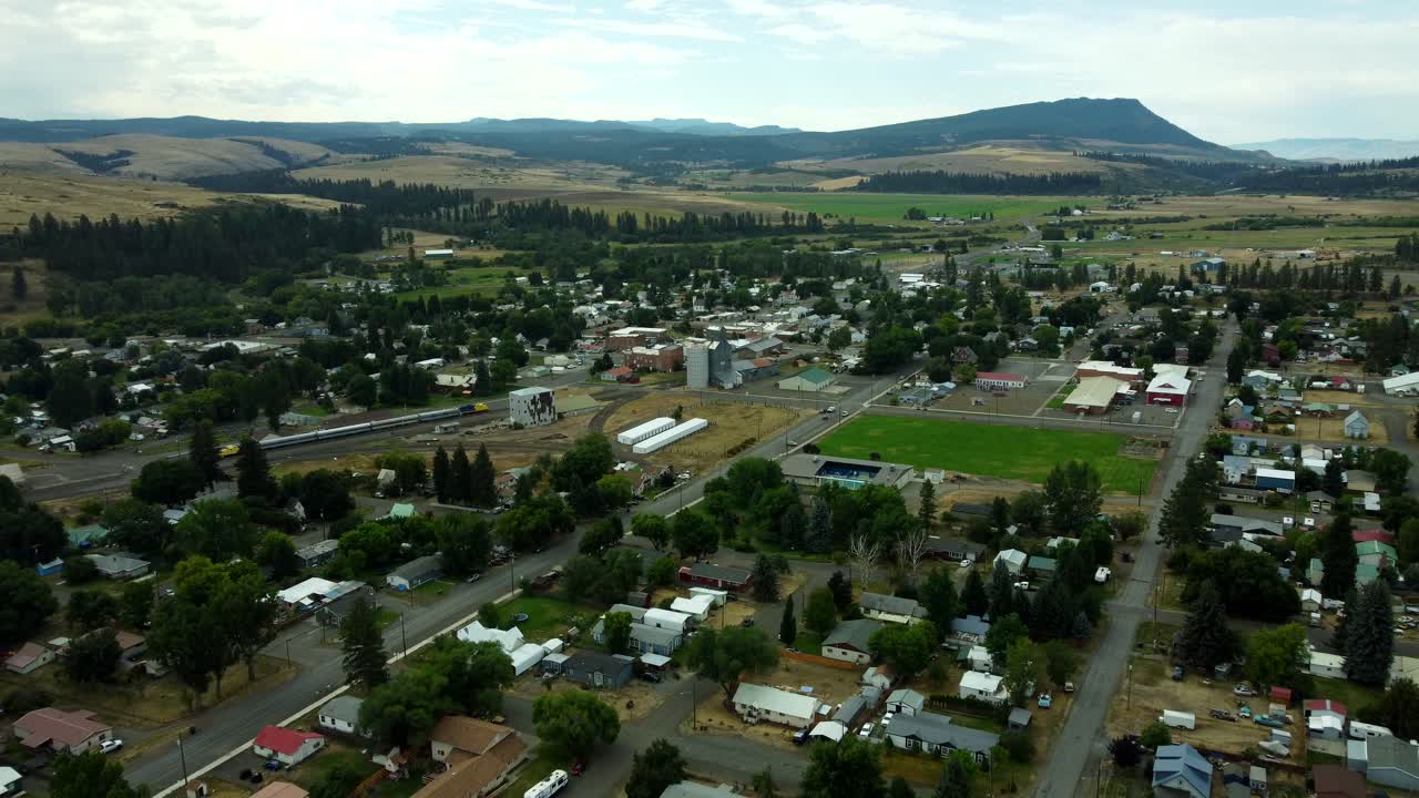 US, Oregon, Elgin, 2025-08-07 - Drone view of the city in Summer